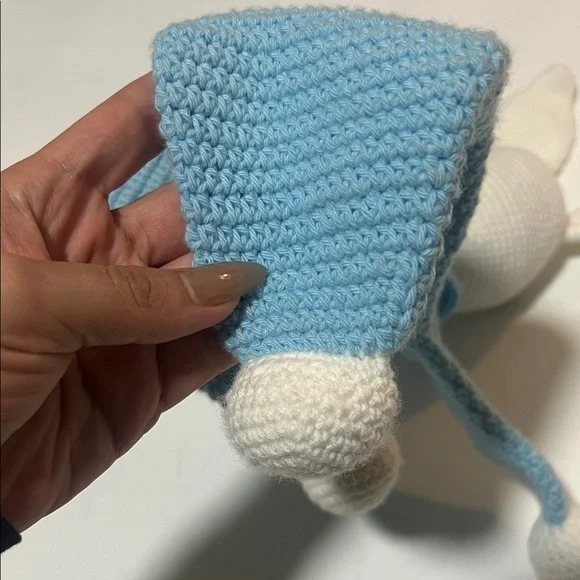Hand Made Blue and White Knitted Bunny Toy - Picture 4 of 5
